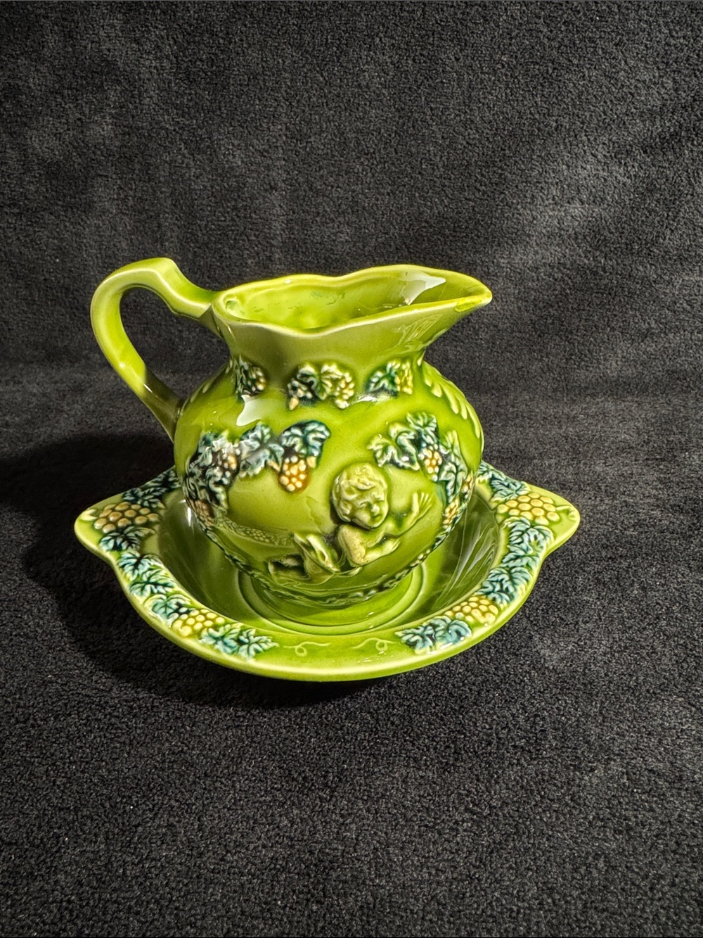 Vintage Lefton Green Ceramic Pitcher and Matching Saucer